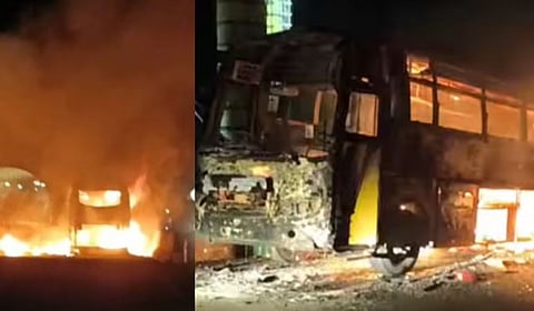 Ratnagiri : कशेडी बोगद्याजवळ खासगी बस जळून खाक; चालकाच्या प्रसंगावधानामुळे मोठा अनर्थ टळला