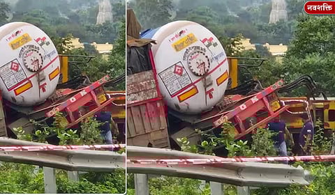 चांदवडच्या राहूड घाटात LPG टँकर उलटल्याने गॅस गळती; परिसरात घबराट; मुंबई-आग्रा महामार्गावरील वाहतूक अन्य मार्गांनी वाळवली