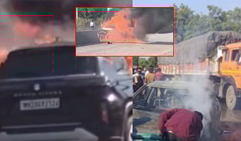 जळगावात भीषण अपघात; टायर फुटला अन् कार दुभाजकावर आदळली, क्षणार्धात पेटली, महिलेचा होरपळून मृत्यू