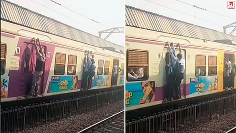 Mumbai : 'मुंबई स्पिरिट' की जीवाशी खेळ? बंद दरवाज्याच्या धावत्या लोकलला बाहेरून लटकले प्रवासी; Video व्हायरल