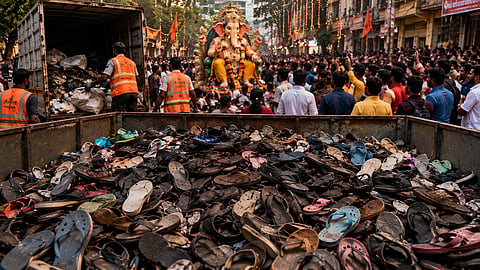 Mumbai : बाप्पाच्या आगमनावेळी चपलांचा ढीग; लालबाग, परळमध्ये सापडलेल्या चार मेट्रिक टन चपलांचा पुनर्वापर  