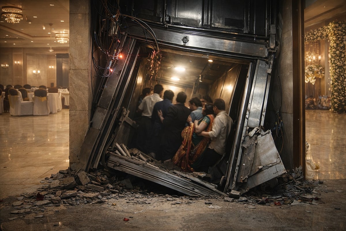 Mumbai : भांडुपमधील लग्नाच्या रिसेप्शनमध्ये थरार! लिफ्ट तिसऱ्या मजल्यावरून थेट बेसमेंटमध्ये कोसळली; एकच गोंधळ, अनेकजण जखमी