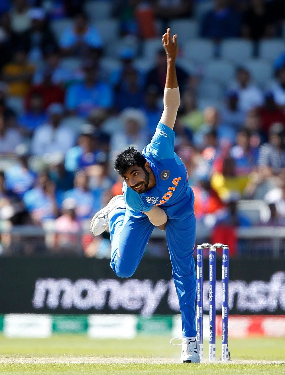 Indian bowler Jasprit Bumrah bowls during a match against West Indies