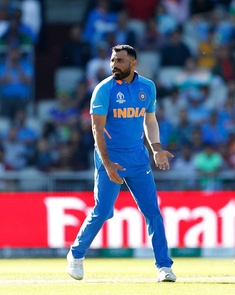 Indian bowler Mohammad Shami celebrates after taking the wicket of Oshane Thomas during a match against West Indies in ICC CWC 2019 at Old Trafford in Manchester on Thursday.