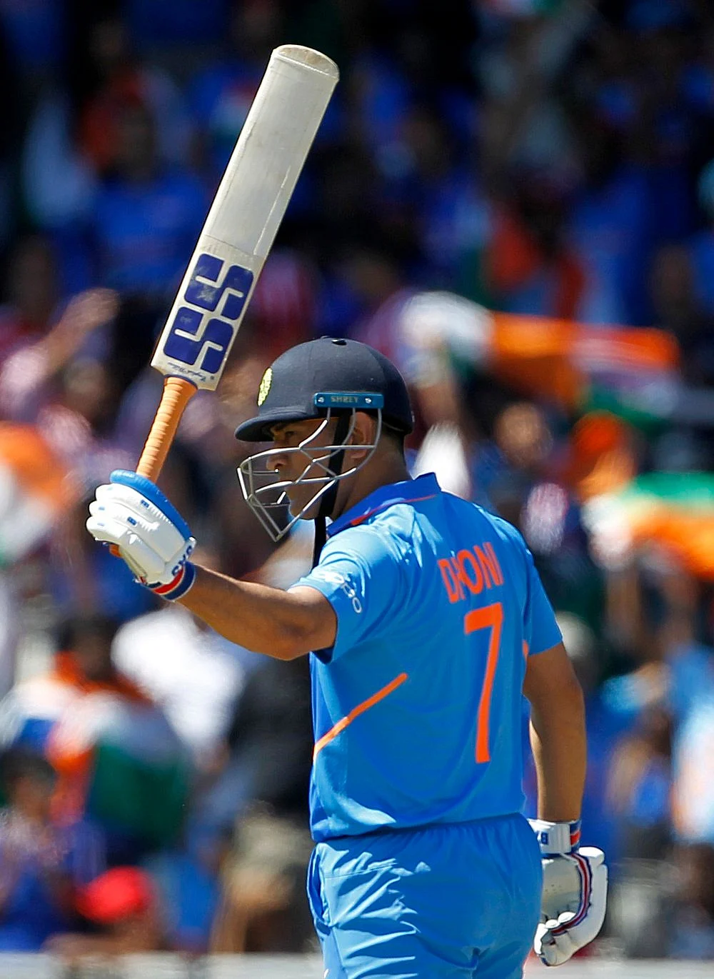 Indian batsman MS Dhoni celebrates his half-century during a match against West Indies in ICC CWC 2019 at Old Trafford in Manchester on Thursday
