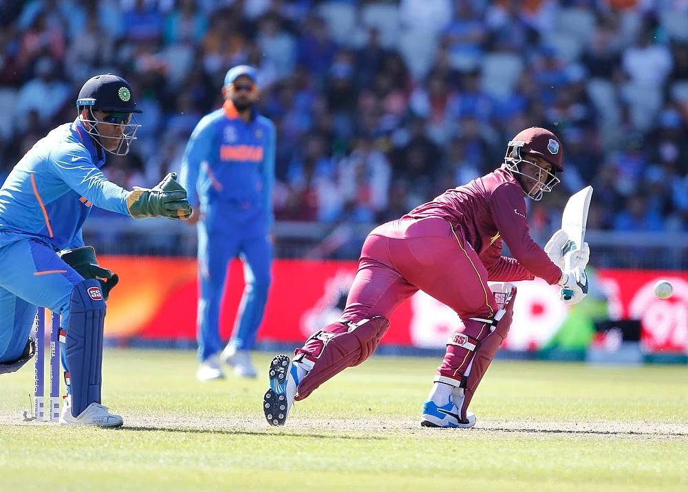 West Indies' batsman Shimron Hetmyer plays a shot during a match against India in ICC CWC 2019 at Old Trafford in Manchester on Thursday.