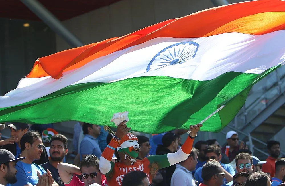 Fans cheer team India during a match between West Indies and India in ICC World Cup 2019