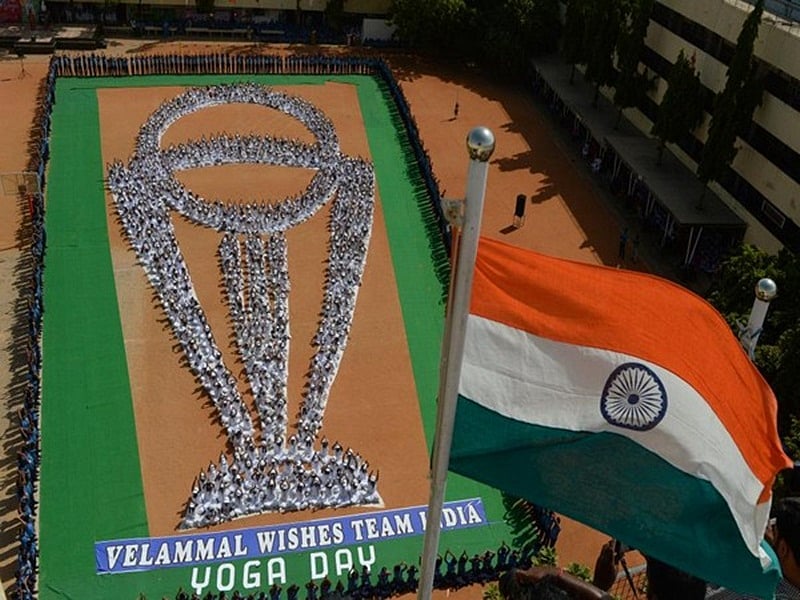 Chennai: Students perform Yoga in World Cup trophy formation