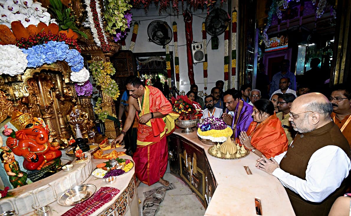 Union Home Minister Amit Shah with his wife Sonal Shah offers prayers on the occasion of Ganesh Chaturthi festival at Shree Siddhivinayak Ganapati Temple, in Mumbai