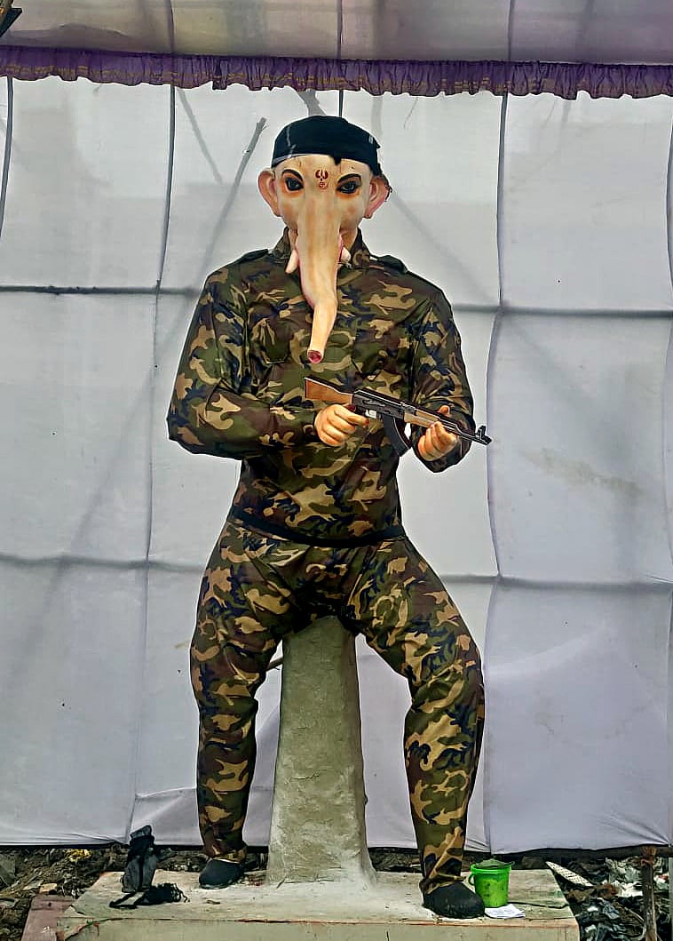 Tamil Nadu: An idol of Lord Ganesha in army dress installed in a pandal on the occasion of Ganesh Chaturthi festival