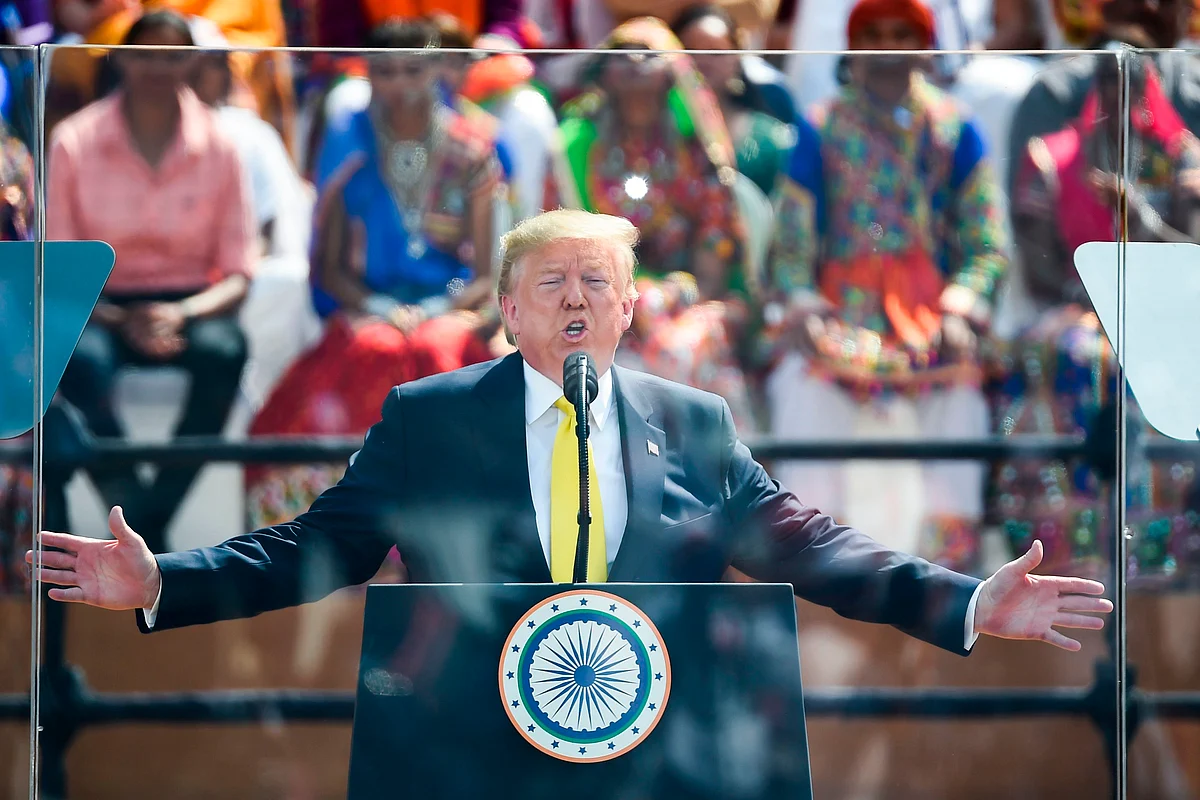 US President Donald Trump speaks during 'Namaste Trump' rally at Sardar Patel Stadium in Motera, on the outskirts of Ahmedabad, on February 24, 2020.