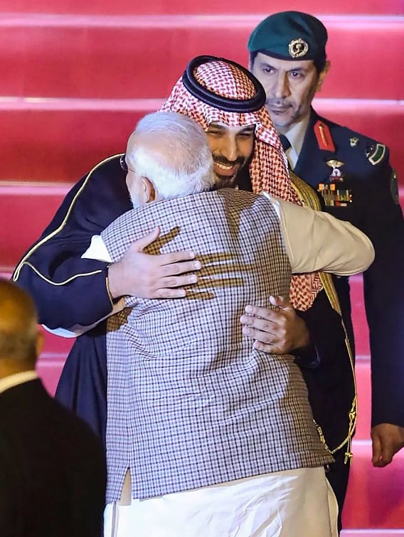Narendra Modi greets the Crown Prince of Saudi Arabia, Mohammed bin Salman in New Delhi on 19 February 2019
