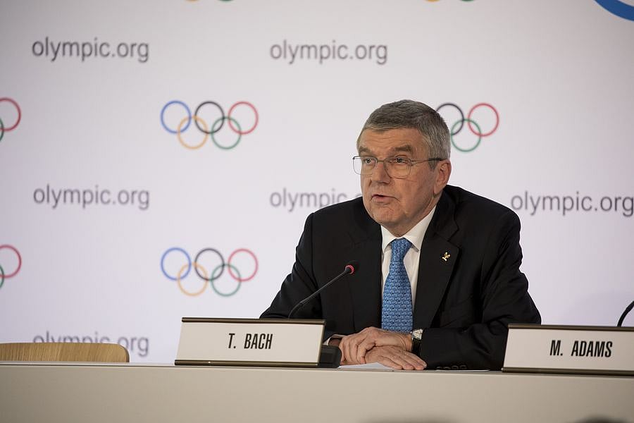 International Olympic Committee (IOC) president Thomas Bach speaks during a press conference in Olympic House after the closing of the IOC Executive Board Meeting in Lausanne, Switzerland, March 4, 2020.