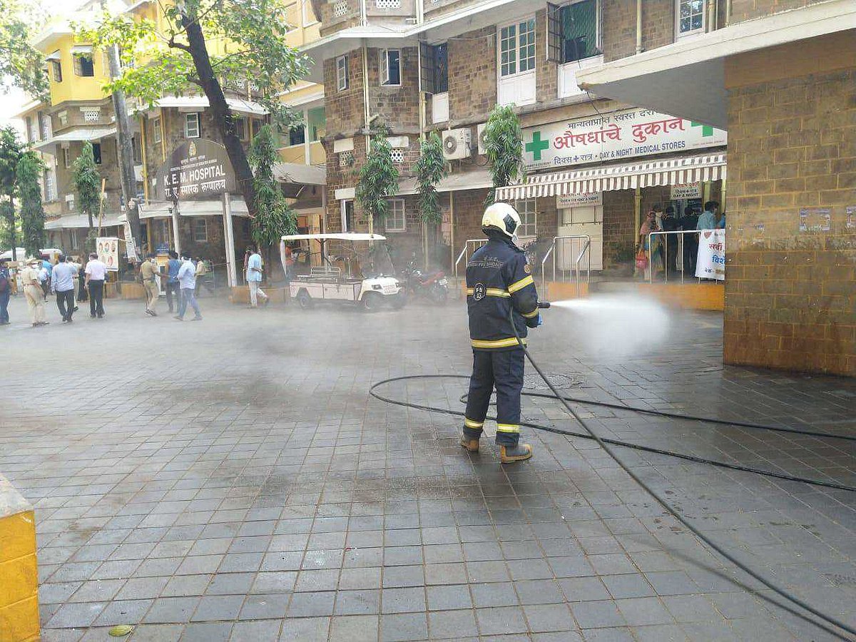 Mumbai Fire Brigade staffer use sodium hydrochloride solution diluted in water to disinfect the premises