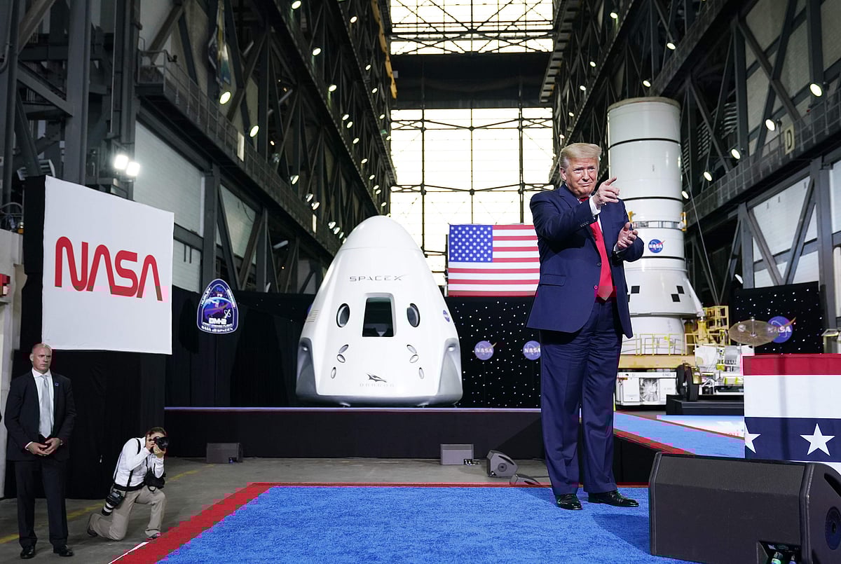 US President Donald Trump arrives to speak after the launch of the SpaceX Falcon 9 rocket and Crew Dragon spacecraft on NASAs SpaceX Demo-2 mission to the International Space Station from NASAs Kennedy Space Center in Cape Canaveral, Florida on May 30, 2020.