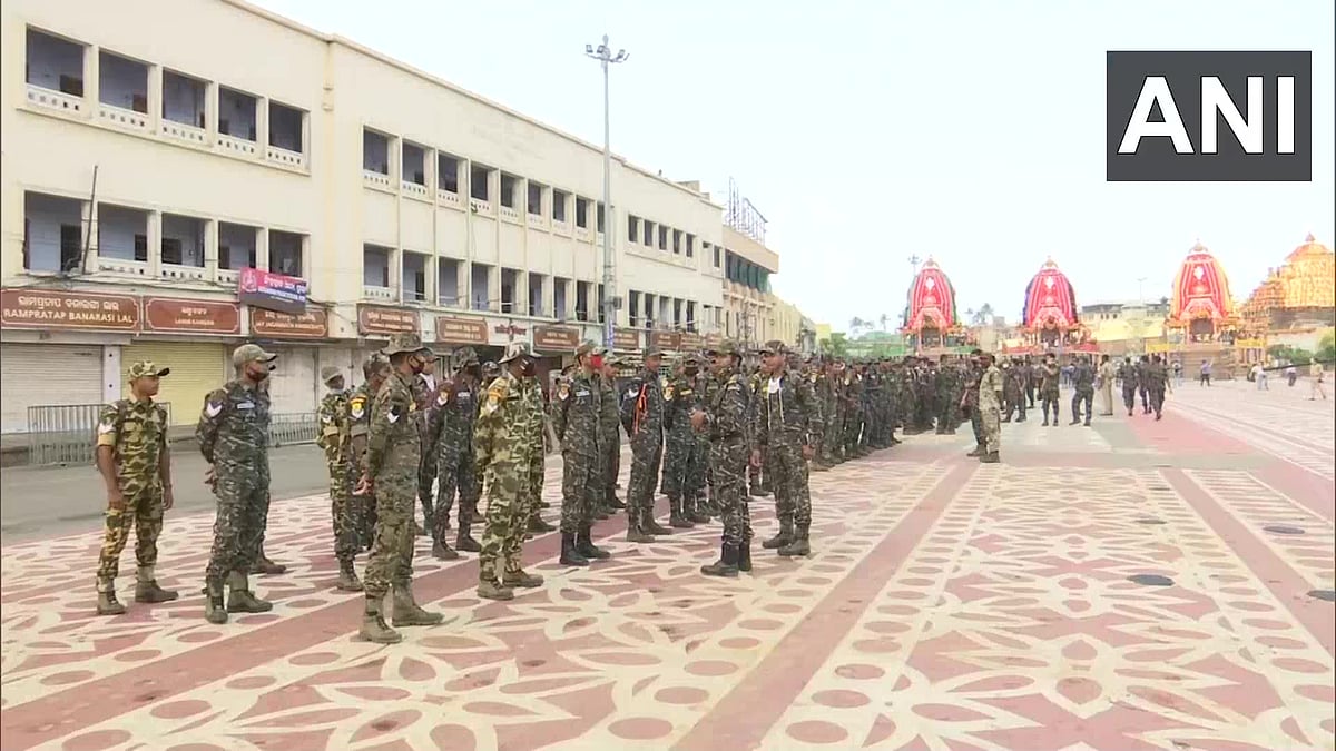 Security outside the temple for the Rath Yatra.