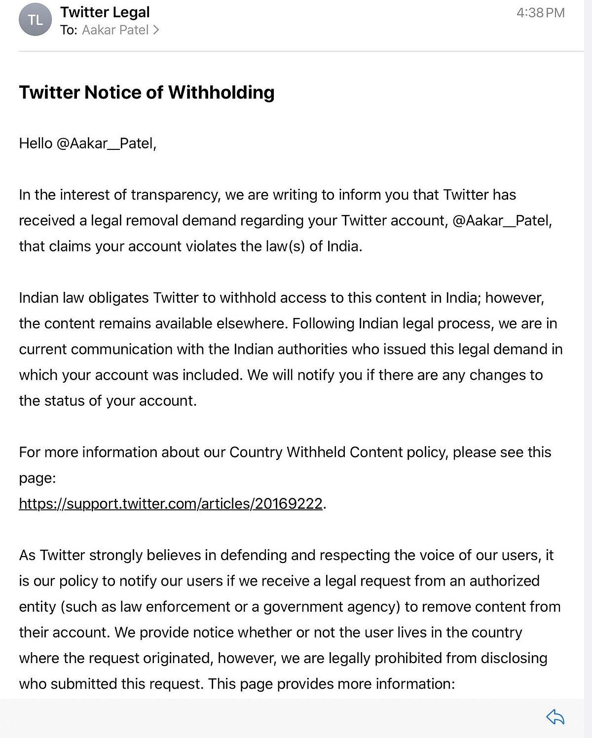 Notice by Twitter to Aakar Patel.