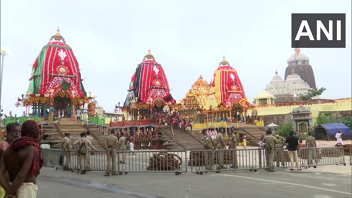 Security personnel deployed outside the temple.