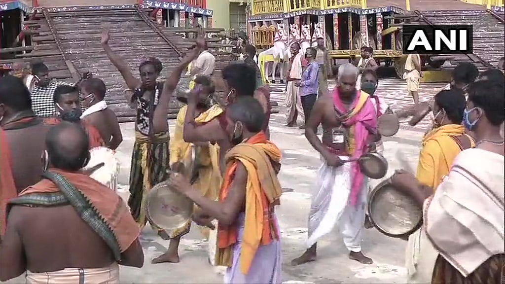 Priests while bringing Idol of Lord Balabhadra from Jagannath Temple in Puri.