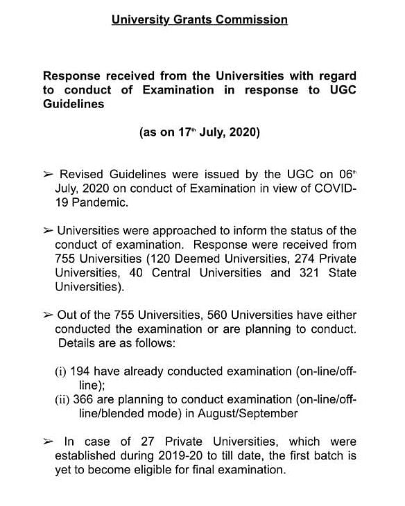 More than 500 universities have already held final exams or will do so, says UGC