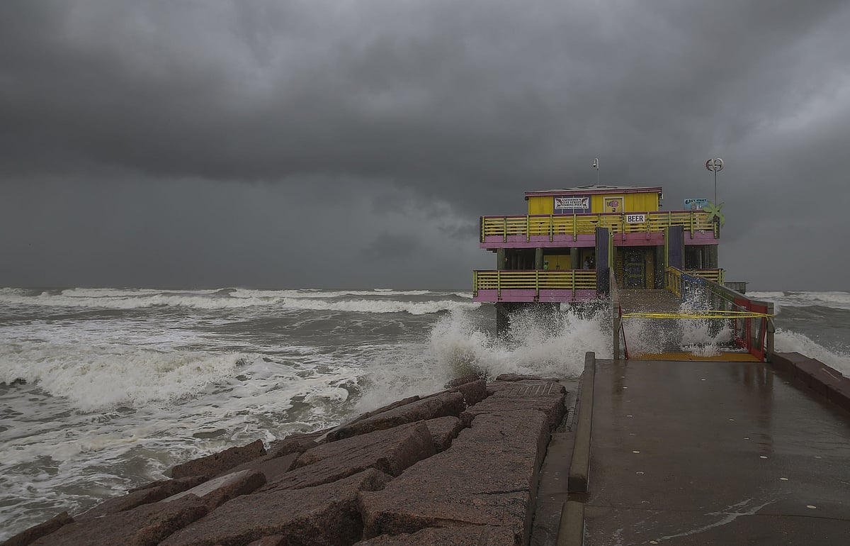 Waves from Hurricane Laura crash on the 61st Street fishing pier on August 25, 2020 in Galveston, Texas.