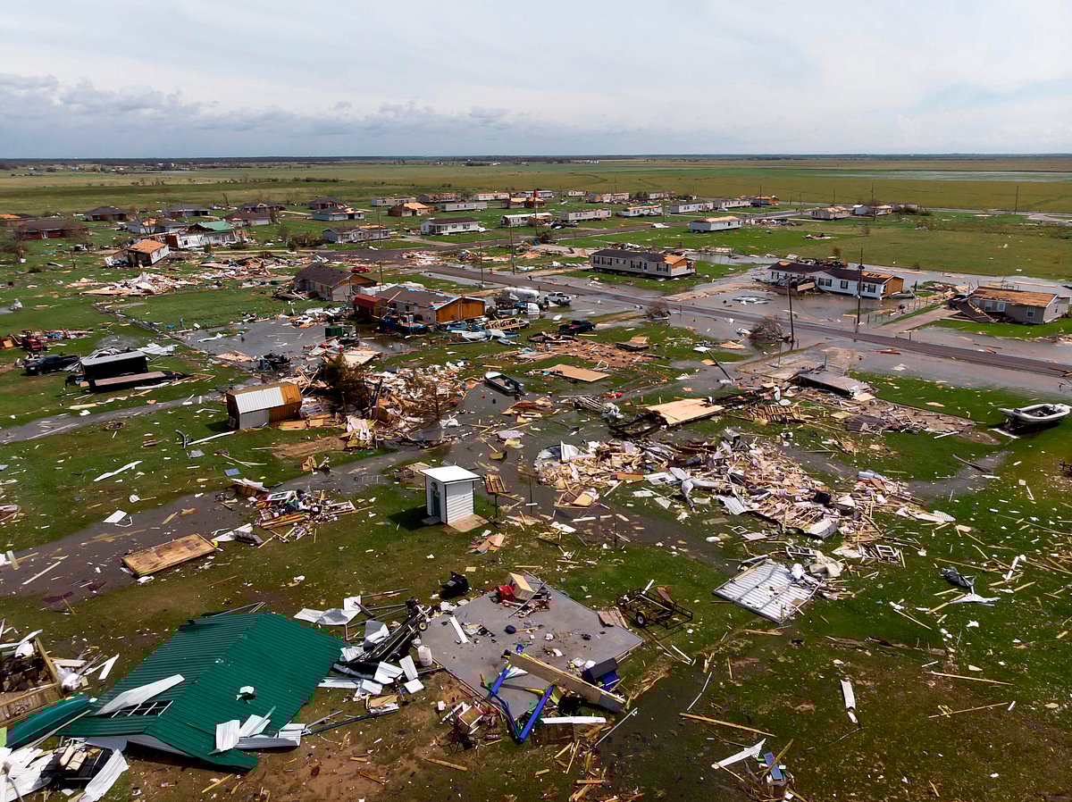 This aerial view shows damage to a neighborhood by Hurricane Laura outside of Lake Charles, Louisiana, on August 27
