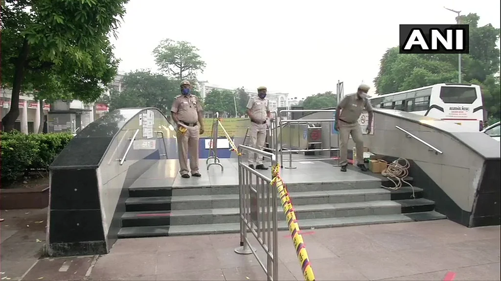 Delhi Metro resumed services from 7 am today after being shut for 169 days due to COVID-19. Visuals from outside Rajiv Chowk metro station.