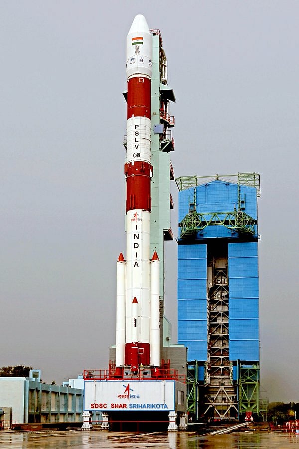 PSLVC49 carrying E0S01 and nine international customer satellites at First Launch Pad in Sriharikota ahead of its launch