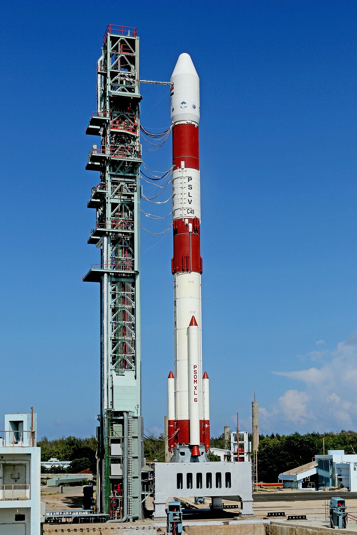 PSLVC49 carrying E0S01 and nine international customer satellites at First Launch Pad in Sriharikota ahead of its launch