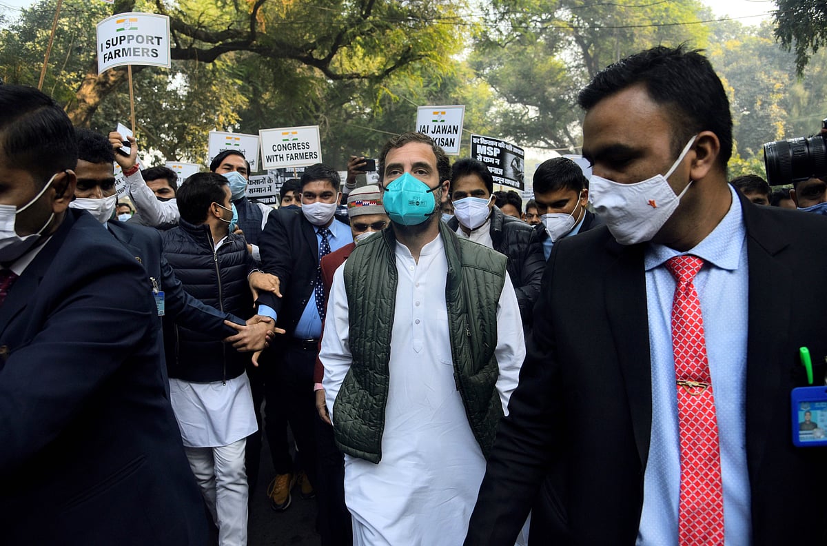 Congress leader Rahul Gandhi and other party leaders leaving for the Rashtrapati Bhavan to meet President Ram Nath Kovind regarding farmers protest against the three farms laws, in New Delhi on Thursday. 