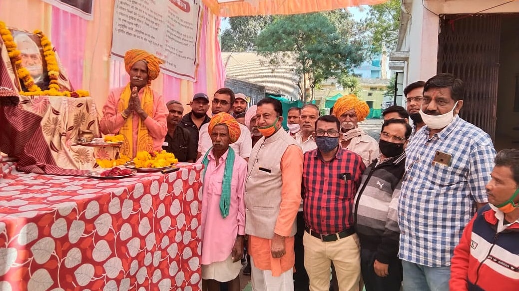 Villagers celebrating birth anniversary of former Prime Minister Atal Bihari Vajpayee at Kukshi village