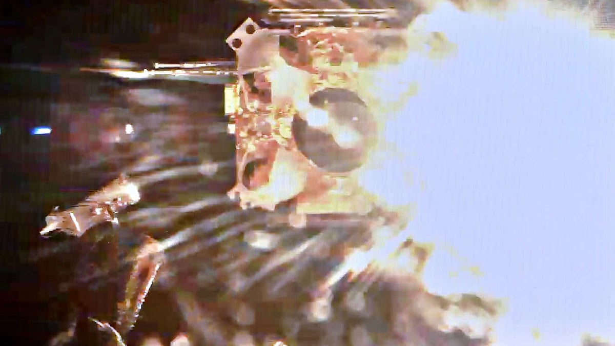 This picture taken on December 3, 2020 and released on December 4 by the CNSA CNS shows an image of the ascender stage of the Change-5 spacecraft lifting off from the lunar surface