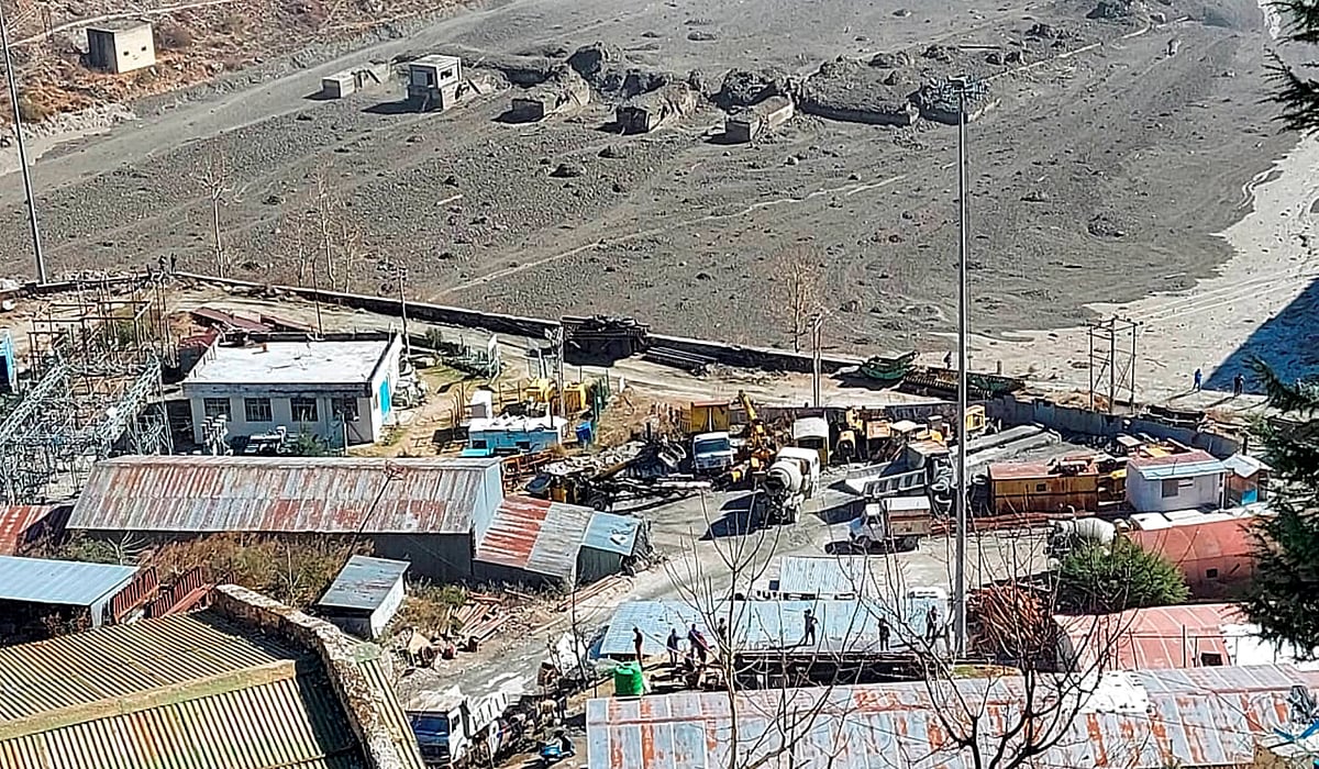 Chamoli: Washed away barrage of Rishi Ganga power project in Neeti valley, after a glacier broke off in Joshimath in Uttarakhand?s Chamoli district causing a massive flood in the Dhauli Ganga river, Sunday, Feb. 7, 2021. More than 150 labourers working at the Rishi Ganga power project may have been directly affected.