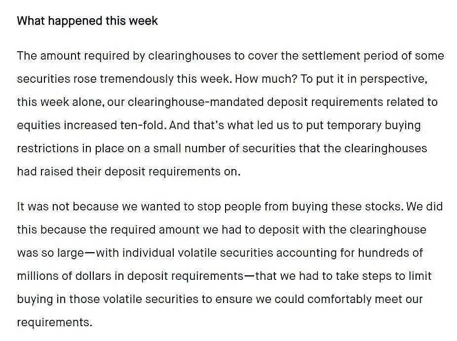 An excerpt from a January 29, 2021 blog post shared by Robinhood on its website
