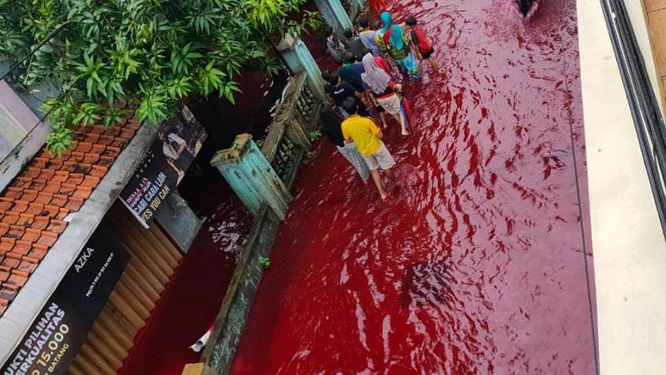 Waters in Indonesian village turn red as floods hit dye-manufacturing factory