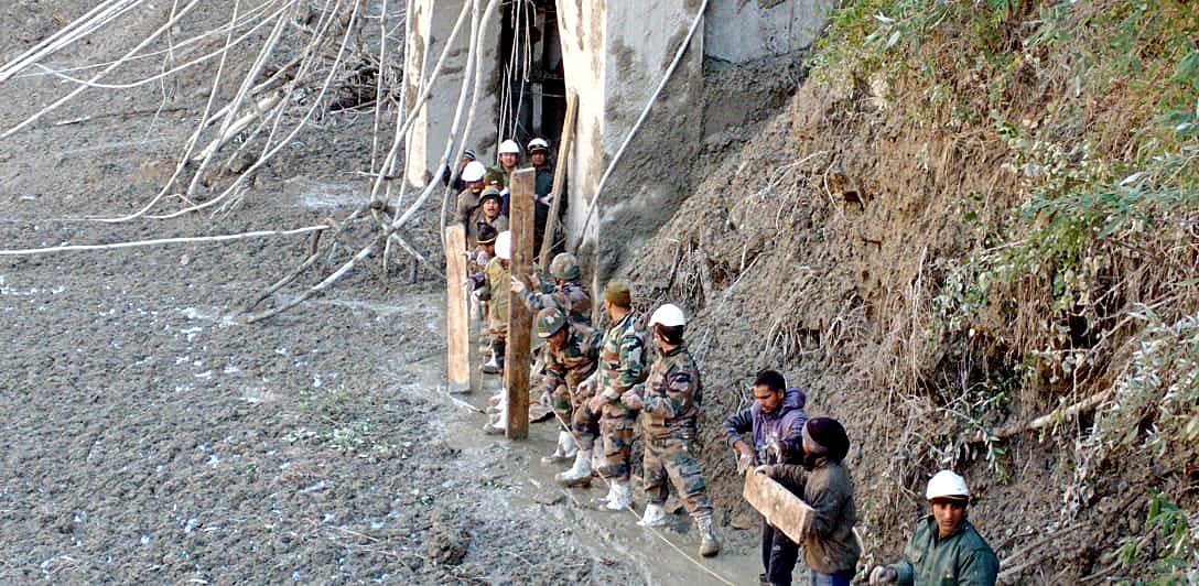 Rescue operation underway at the tunnel near Tapovan dam in Chamoli to rescue trapped people. 