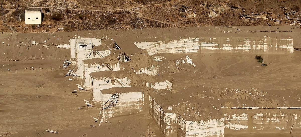 Chamoli: Damaged Dhauliganga hydropower project at Reni village, after a glacier broke off in Joshimath causing a massive flood in the Dhauli Ganga river, in Chamoli district of Uttarakhand, Sunday, Feb. 7, 2021