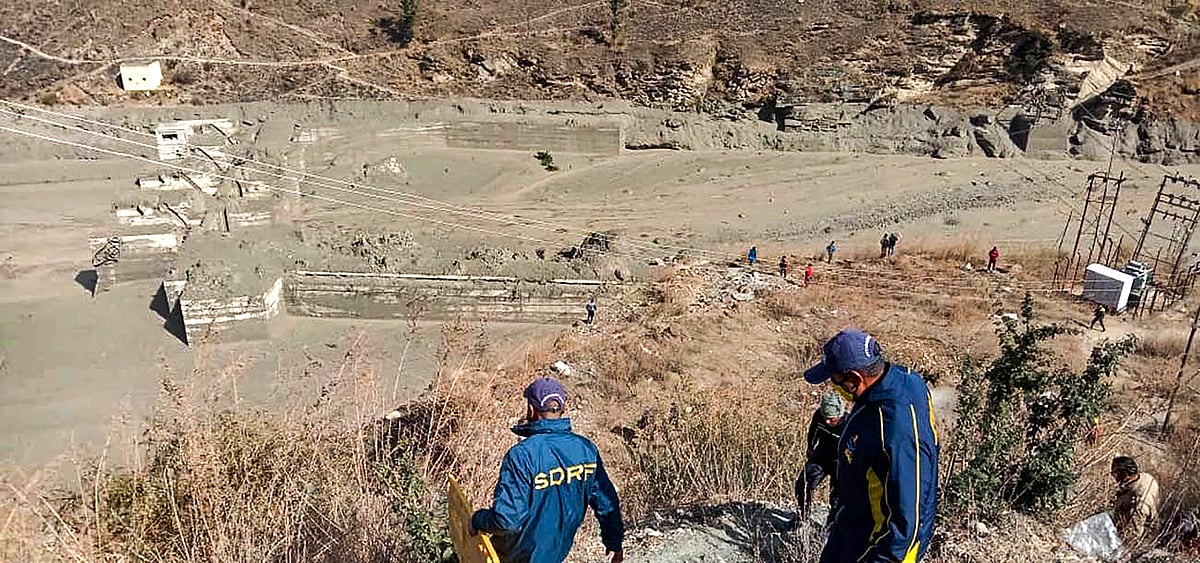 Chamoli: Damaged dam of the Rishi Ganga Power Project, after a glacier broke off in Joshimath in Uttarakhand?s Chamoli district causing a massive flood in the Dhauli Ganga river, Sunday, Feb. 7, 2021. More than 150 labourers working at the Rishi Ganga power project may have been directly affected