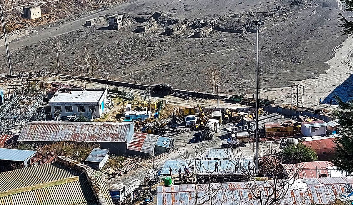 Chamoli: Washed away barrage of Rishi Ganga power project in Neeti valley, after a glacier broke off in Joshimath in Uttarakhand's Chamoli district causing a massive flood in the Dhauli Ganga river, Sunday, Feb. 7, 2021.