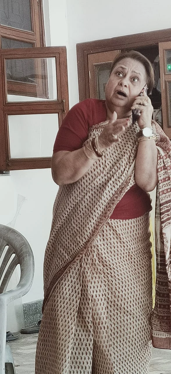 Artiste Rita Verma rehearsing for a play Life on Phone directed by Bishna Chauhan at her residence in Bhopal on Sunday