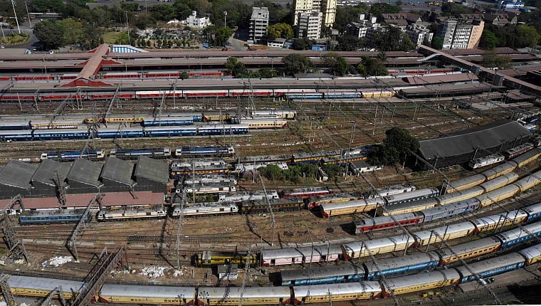 An aerial view of a carshed where express trains were parked