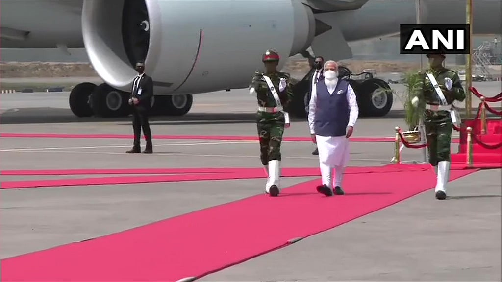 Prime Minister Narendra Modi being accorded Guard of Honour upon his arrival in Bangladesh. Visuals from Hazrat Shahjalal International Airport in Dhaka.
