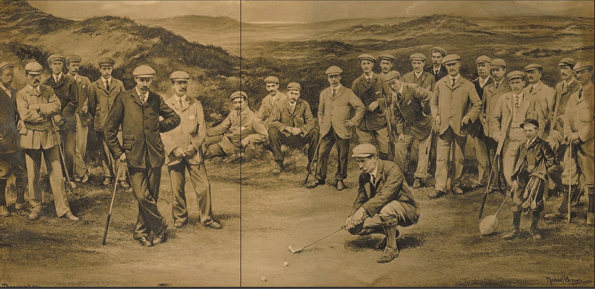 This is first England v. Scotland golf match in 1901. James Sherlock (third from left), later the professional at Stoke Park, captained the England side. Note the lobster pot asa flag, a practice later adopted at Stoke Park