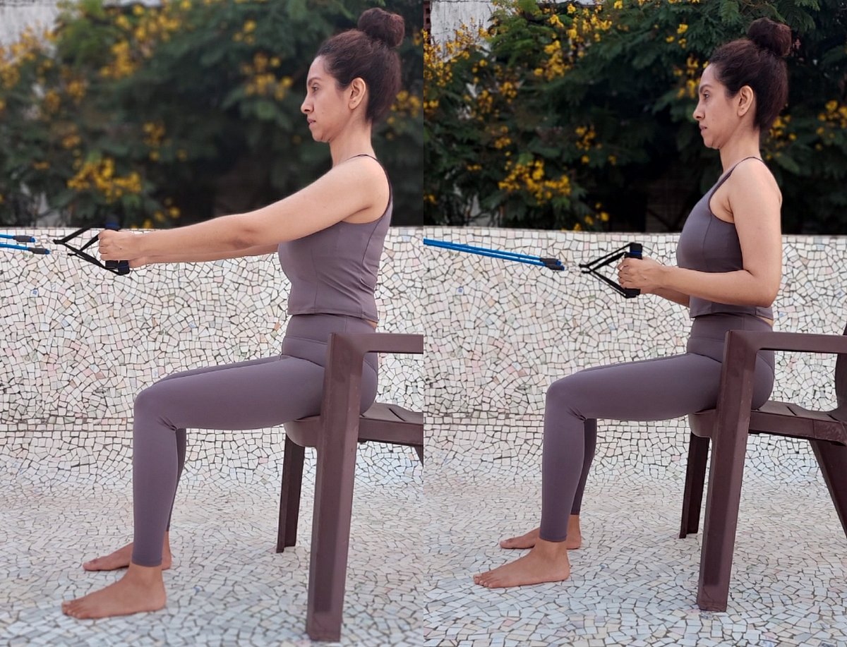 The Seated Row: Sit with your legs and hips in a 90 degree angle. Straighten your arms with some tension in the resistance band and then pull it while squeezing your shoulder blades back, lifting the chest up and relaxing the upper trapezius. Perform 15 repetitions of this exercise multiple times a day at regular intervals to get relief from neck pain and upper back pain and correct your posture.