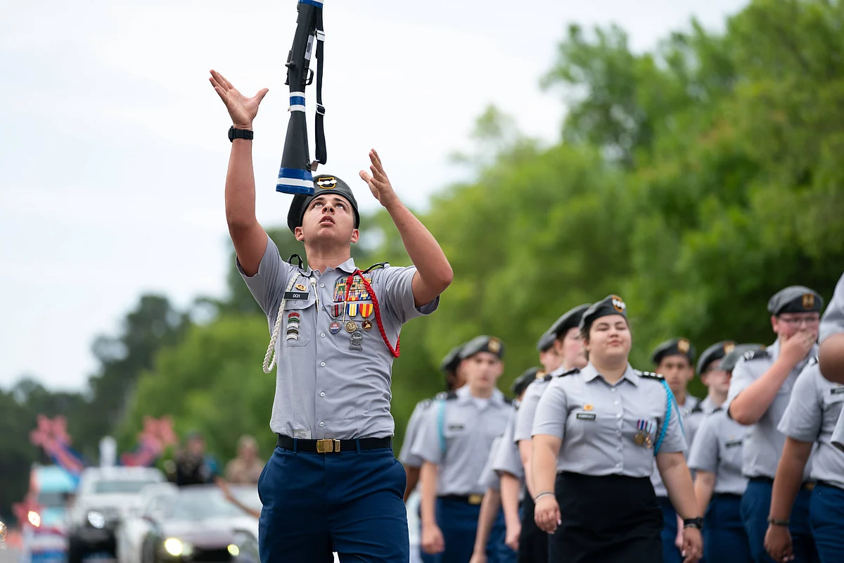 Members of the St. James High School Junior Reserve Officers Training Corps participate in a Memorial Day weekend parade on May 29, 2021 in Myrtle Beach, South Carolina.