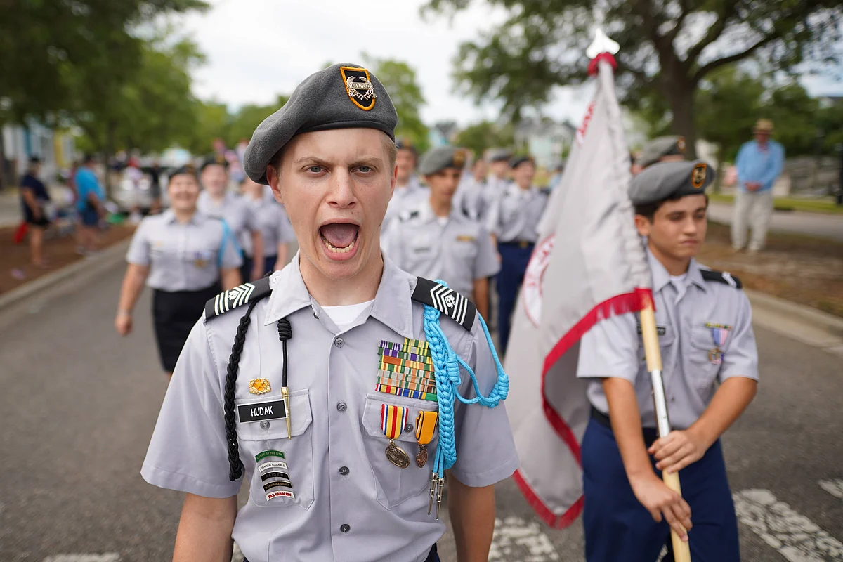 Members of the St. James High School Junior Reserve Officers Training Corps participate in a holiday parade on May 29, 2021 in Myrtle Beach, South Carolina.