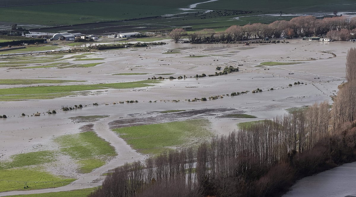 An aerial view taken from a New Zealand Defence Force helicopter on June 1, 2021 shows the flood damage after heavy rains washed away bridges and cut roads in the Canterbury region.