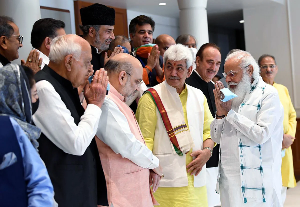 New Delhi, June 24 (ANI): Prime Minister Narendra Modi, Home Minister Amit Shah, Jammu and Kashmir Lt Governor Manoj Sinha, Jammu & Kashmir National Conference Farooq Abdullah during a meeting, in Delhi on Thursday.
