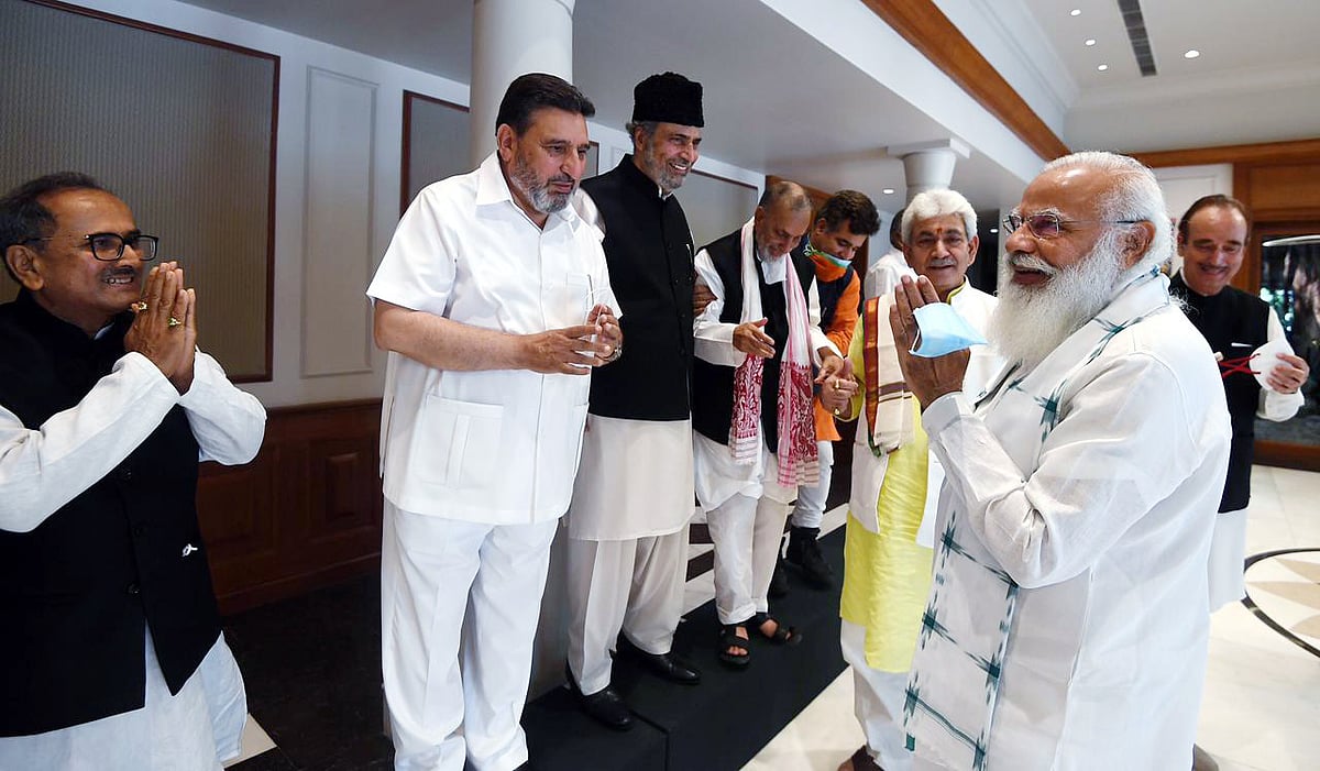New Delhi, June 24 (ANI): Prime Minister Narendra Modi interacts with Jammu and Kashmir leaders following an all-party meeting, in Delhi on Thursday.