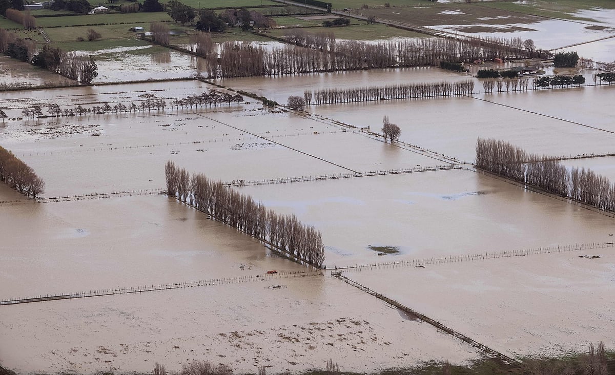 An aerial view taken from a New Zealand Defence Force helicopter on June 1, 2021 shows the flood damage after heavy rains washed away bridges and cut roads in the Canterbury region.